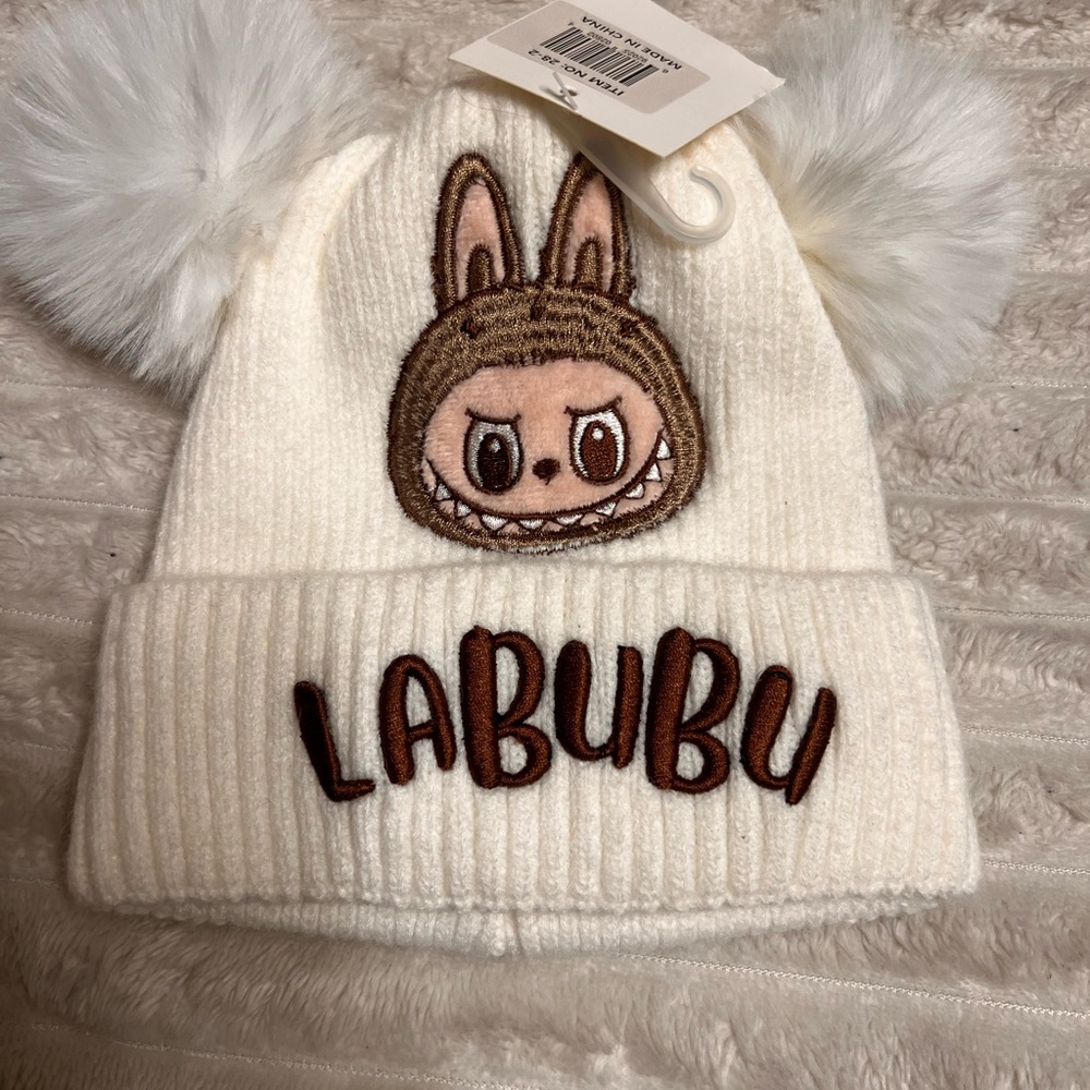 Labubu White Knit Beanie with Pom Poms